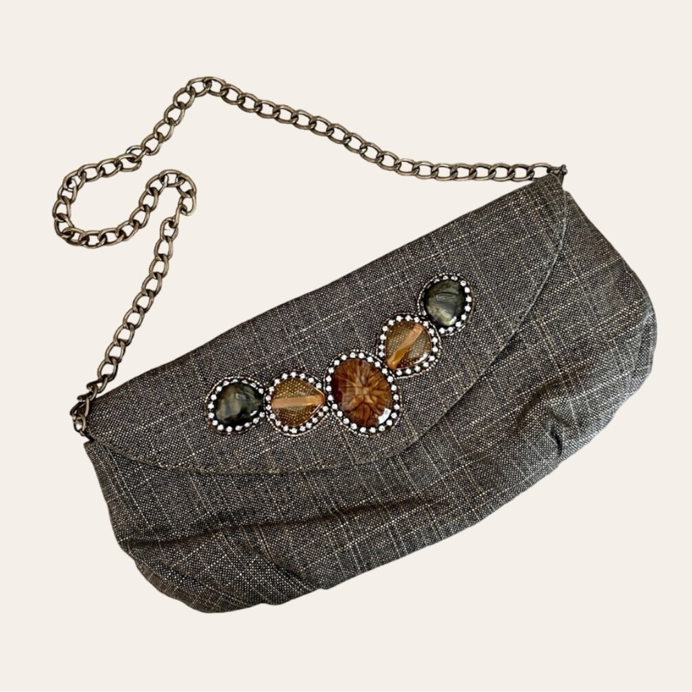 Chico’s Brown Metallic Linen Evening Bag Gemstone Embellished Chain Strap Clutch